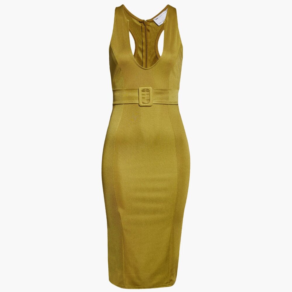 ASOS DESIGN U-Neck Belted Satin Midi Dress in Olive Green NWT Size US 4